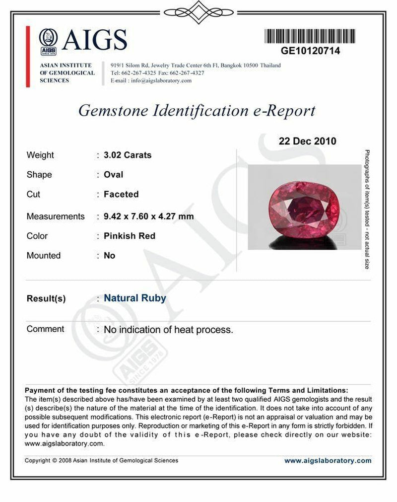 IGI AIGS Certified MOZAMBIQUE Ruby 3.02 Cts Natural Untreated Oval