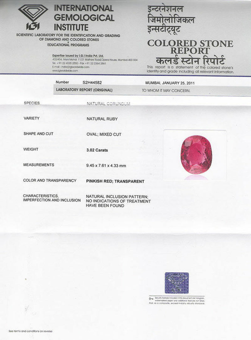IGI AIGS Certified MOZAMBIQUE Ruby 3.02 Cts Natural Untreated Oval