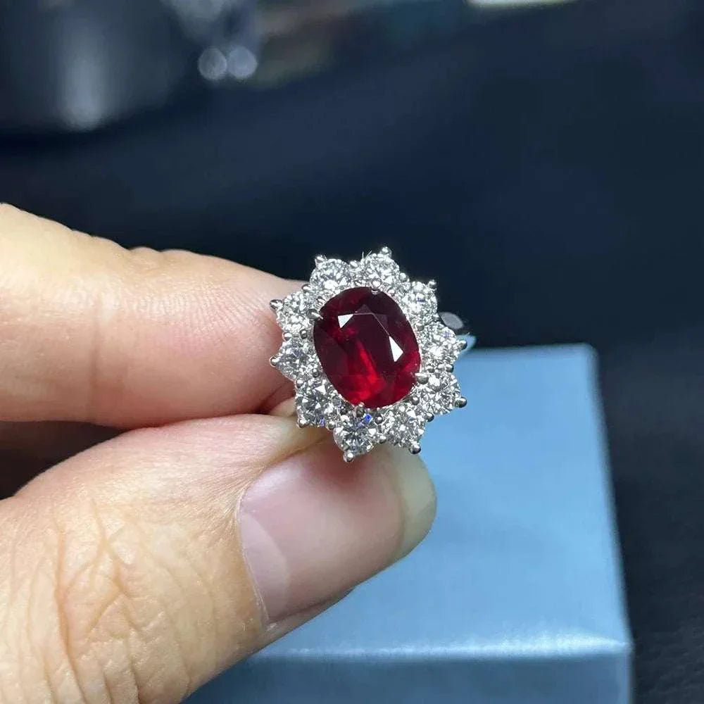 3 carat Mozambique ruby ring with 18K white gold and surrounding diamonds