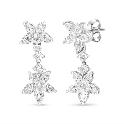 18k White Gold 6.0 Cttw Marquise Diamond Floral Dangle Drop Earrings (E-F Color, VS1-VS2 Clarity) - The Sparkling Squirrels & Co. 