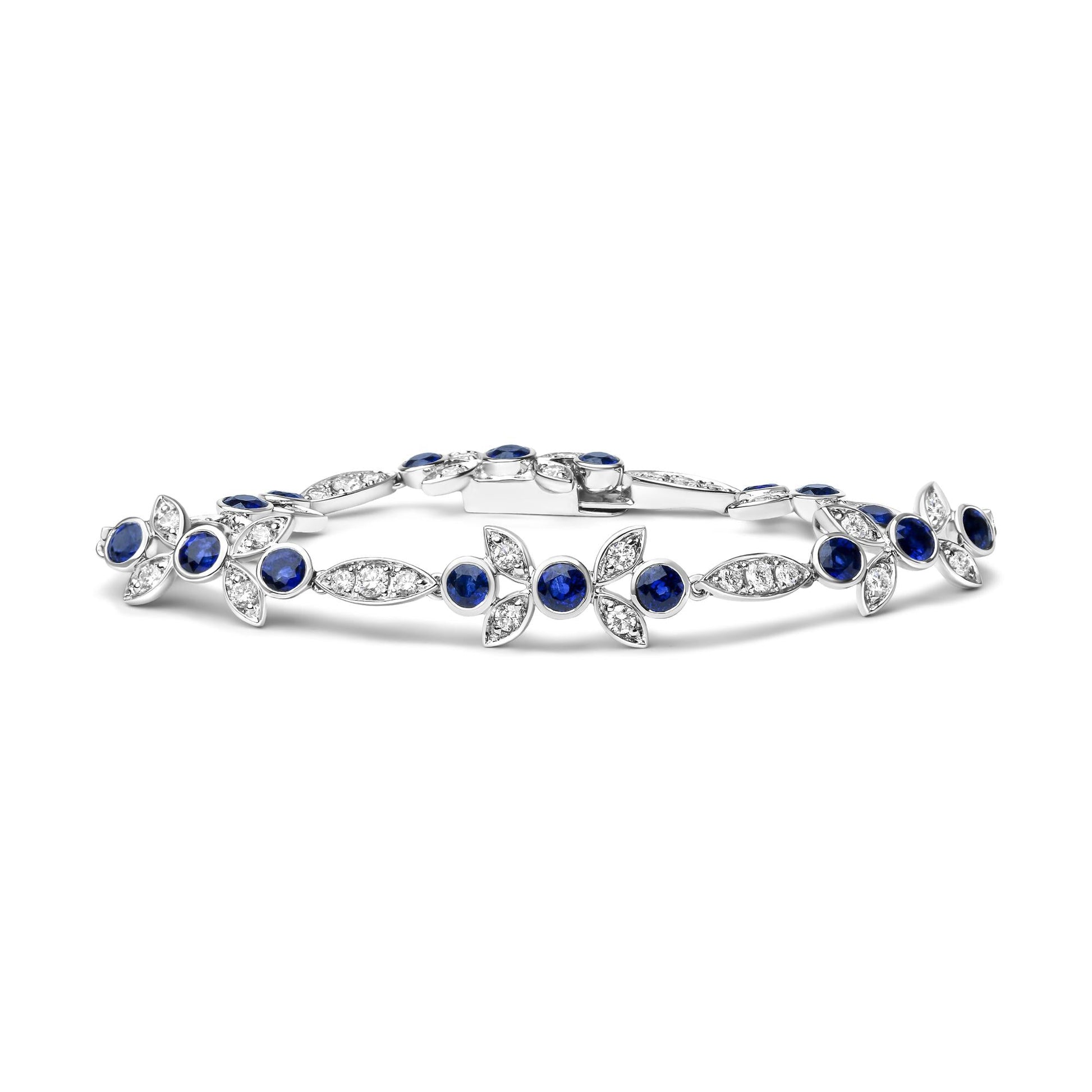 18K White Gold 1 3/4 Cttw Diamond and 3x3mm Round Blue Sapphire Gemsto - The Sparkling Squirrels & Co. 