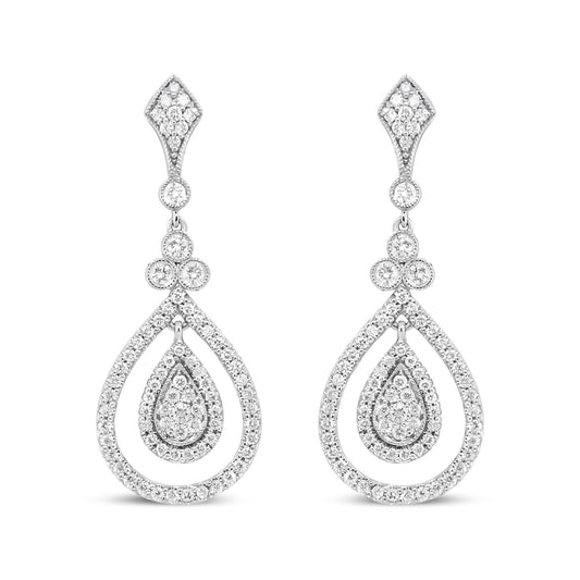 18K White Gold 1 1/4 Cttw Round Diamond Openwork Teardrop-Shaped Dangl - The Sparkling Squirrels & Co. 