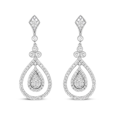 18K White Gold 1 1/4 Cttw Round Diamond Openwork Teardrop-Shaped Dangl - The Sparkling Squirrels & Co. 