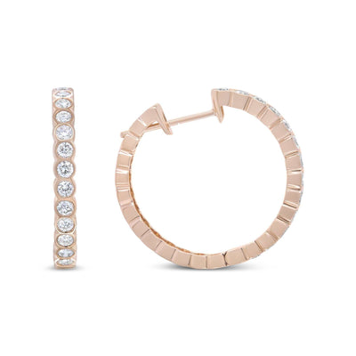 18K Rose Gold 1 Cttw Round Bezel-Set Diamond Hoop Earrings - The Sparkling Squirrels & Co. 