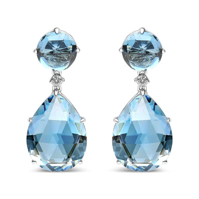 18K White Gold 1/5 Cttw Diamond With Round London Blue Topaz and 20 X 15mm Pear Cut Sky Blue Topaz Gemstone Dangle Earri - The Sparkling Squirrels & Co. 