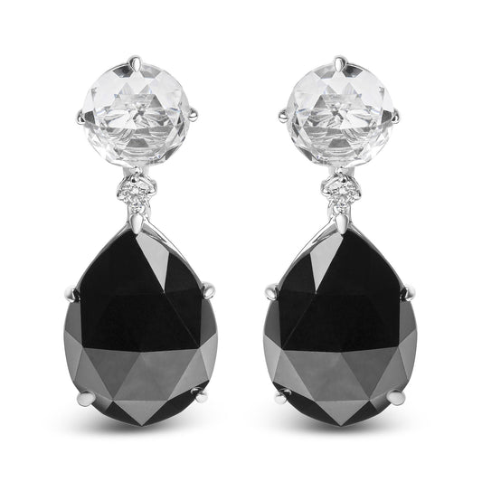 18K White Gold Diamond, White Topaz & Pear Black Onyx Dangle Earrings (G-H)