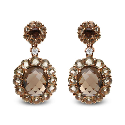 18K Rose Gold Smoky & Lemon Quartz Drop Earrings, Diamond Accent (G-H, SI1-SI2) - The Sparkling Squirrels & Co. 