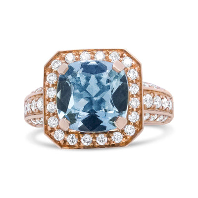 18K Rose Gold 10x10mm Cushion Shaped Aquamarine and 1 1/8 Cttw Round Diamond Halo Ring (F-G Color, VS1-VS2 Clarity) - The Sparkling Squirrels & Co. 