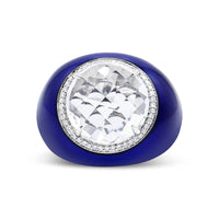 18K gold white quartz and diamond halo dome ring with blue enamel band, 14mm centerpiece
