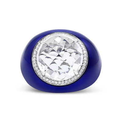 18K gold white quartz and diamond halo dome ring with blue enamel band, 14mm centerpiece