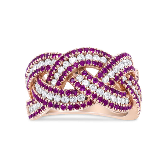 18K Rose Gold Red Ruby and 7/8 Cttw Diamond Woven Braided Band Ring - The Sparkling Squirrels & Co. 
