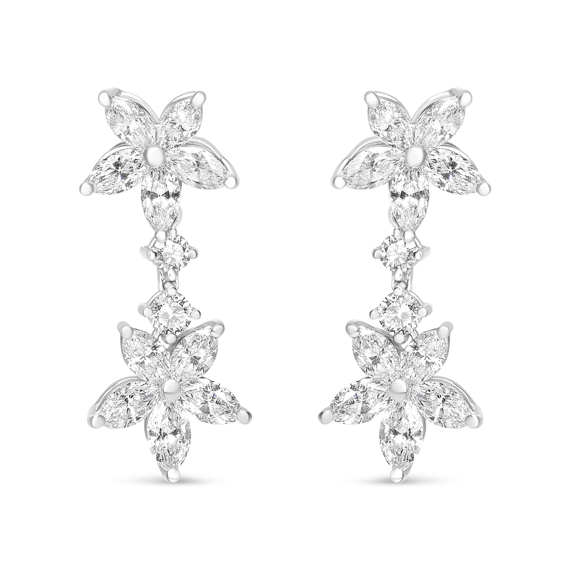 18k white gold marquise diamond floral dangle drop earrings with 6 cttw diamonds, E-F color, VS1-VS2 clarity