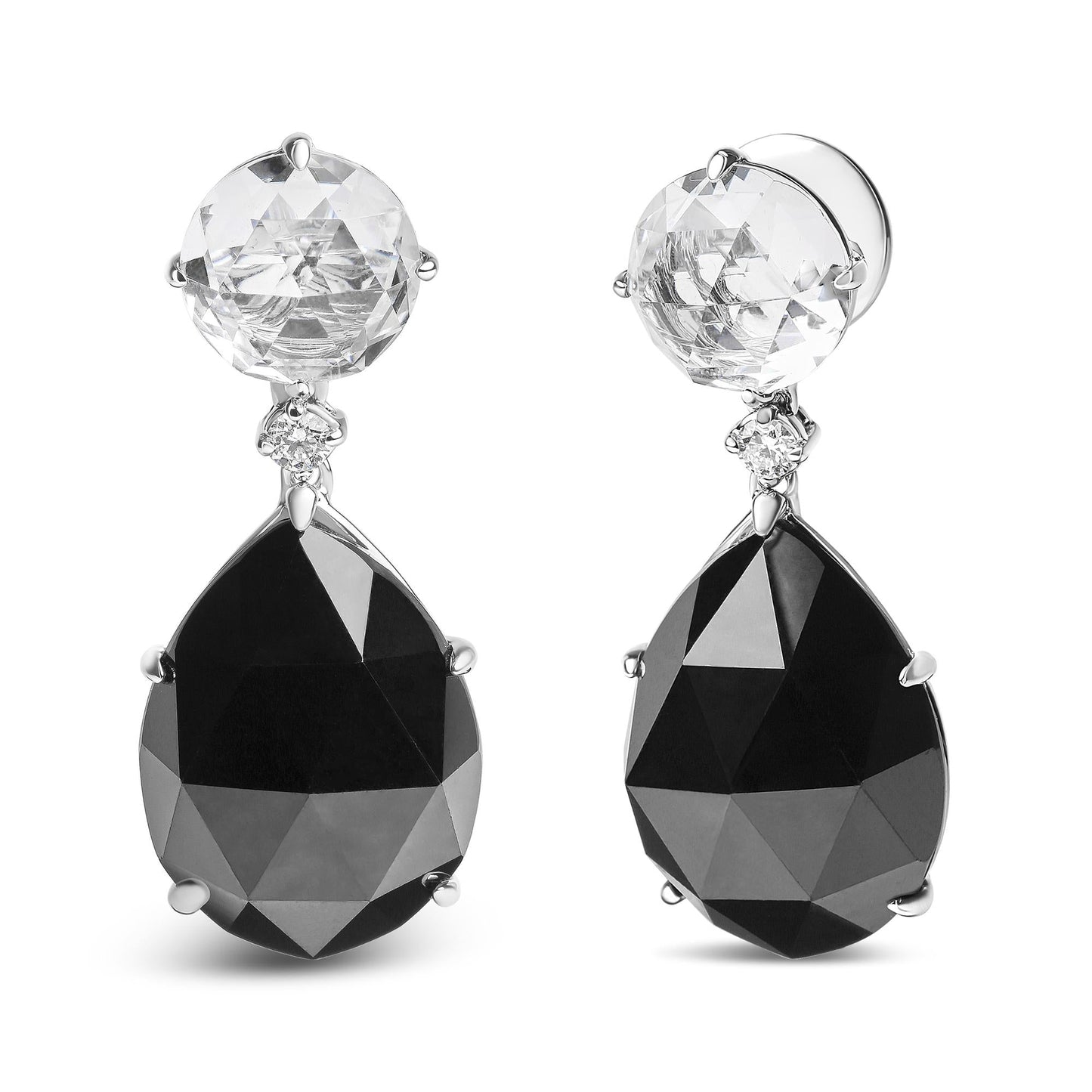 18K White Gold Diamond, White Topaz & Pear Black Onyx Dangle Earrings (G-H)