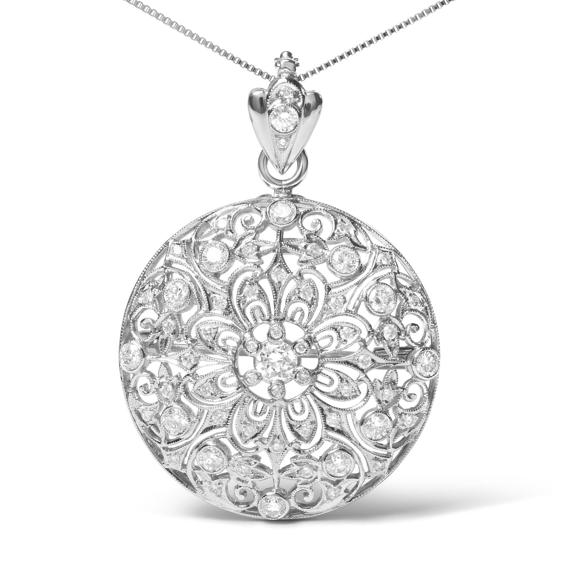 18K White Gold 1 5/6 Cttw Diamond Cluster Floral Filigree Brooch Pin a - The Sparkling Squirrels & Co. 