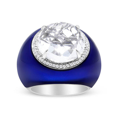 18K white gold dome ring with 14mm white quartz center and diamond halo on blue enamel band
