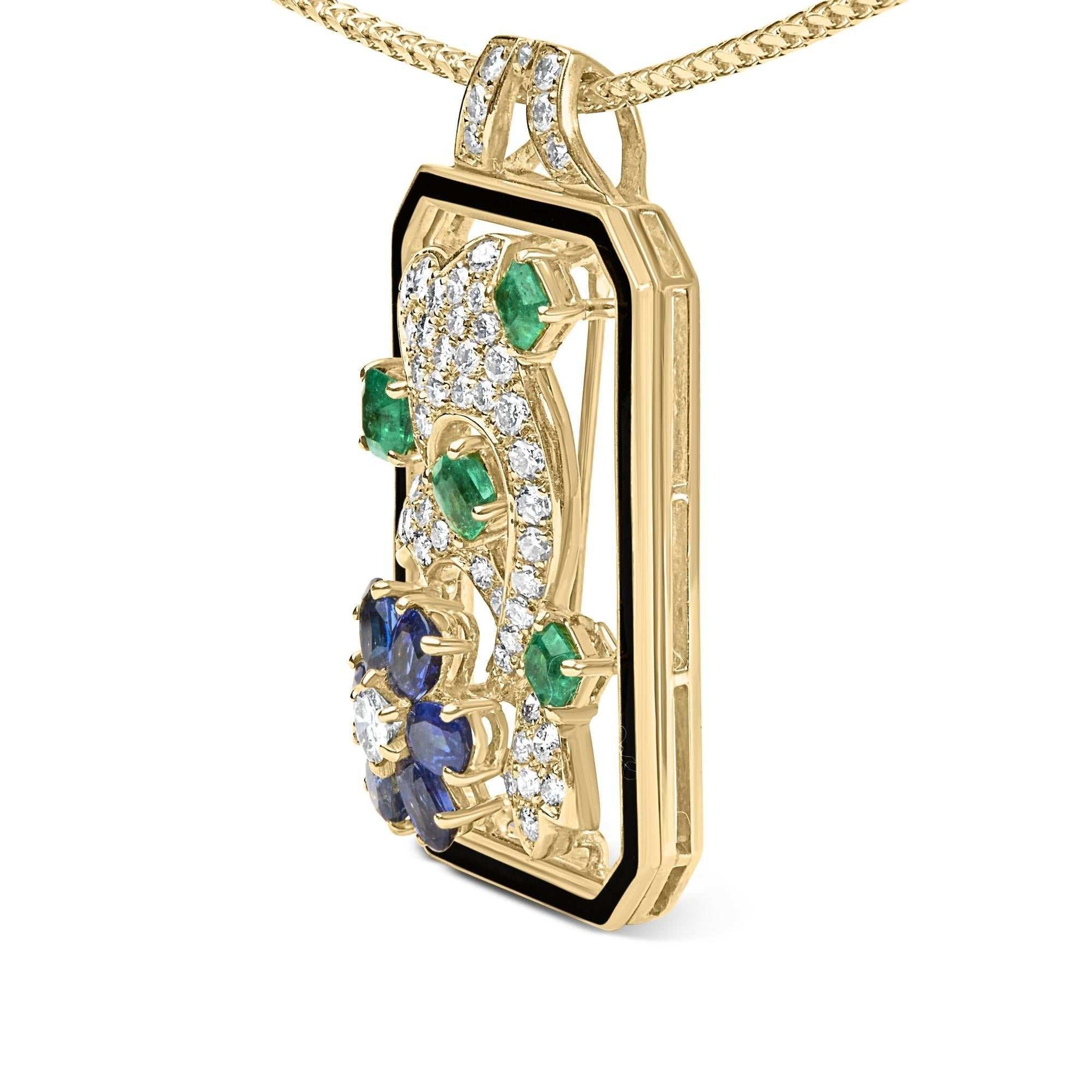 18K yellow gold Oceanheart Sigil pendant with diamonds, sapphires, emeralds, and dolphin silhouette design