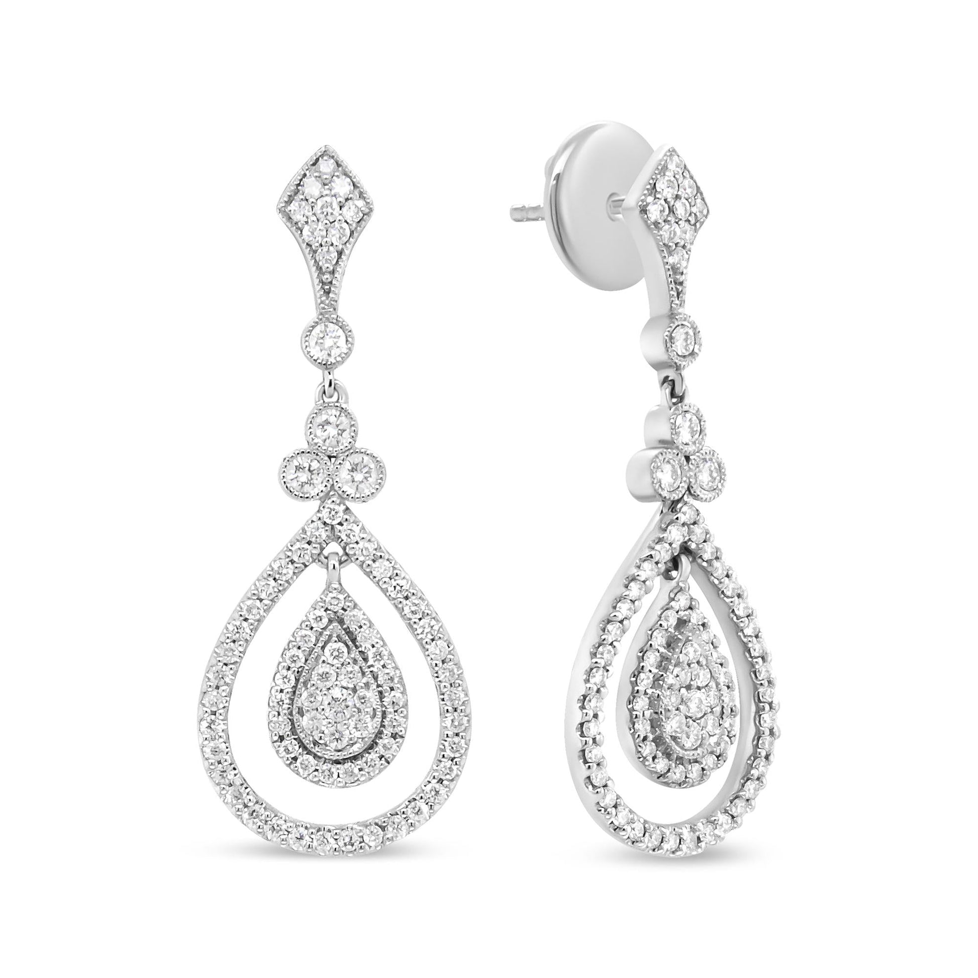 18K White Gold 1 1/4 Cttw Round Diamond Openwork Teardrop-Shaped Dangl - The Sparkling Squirrels & Co. 