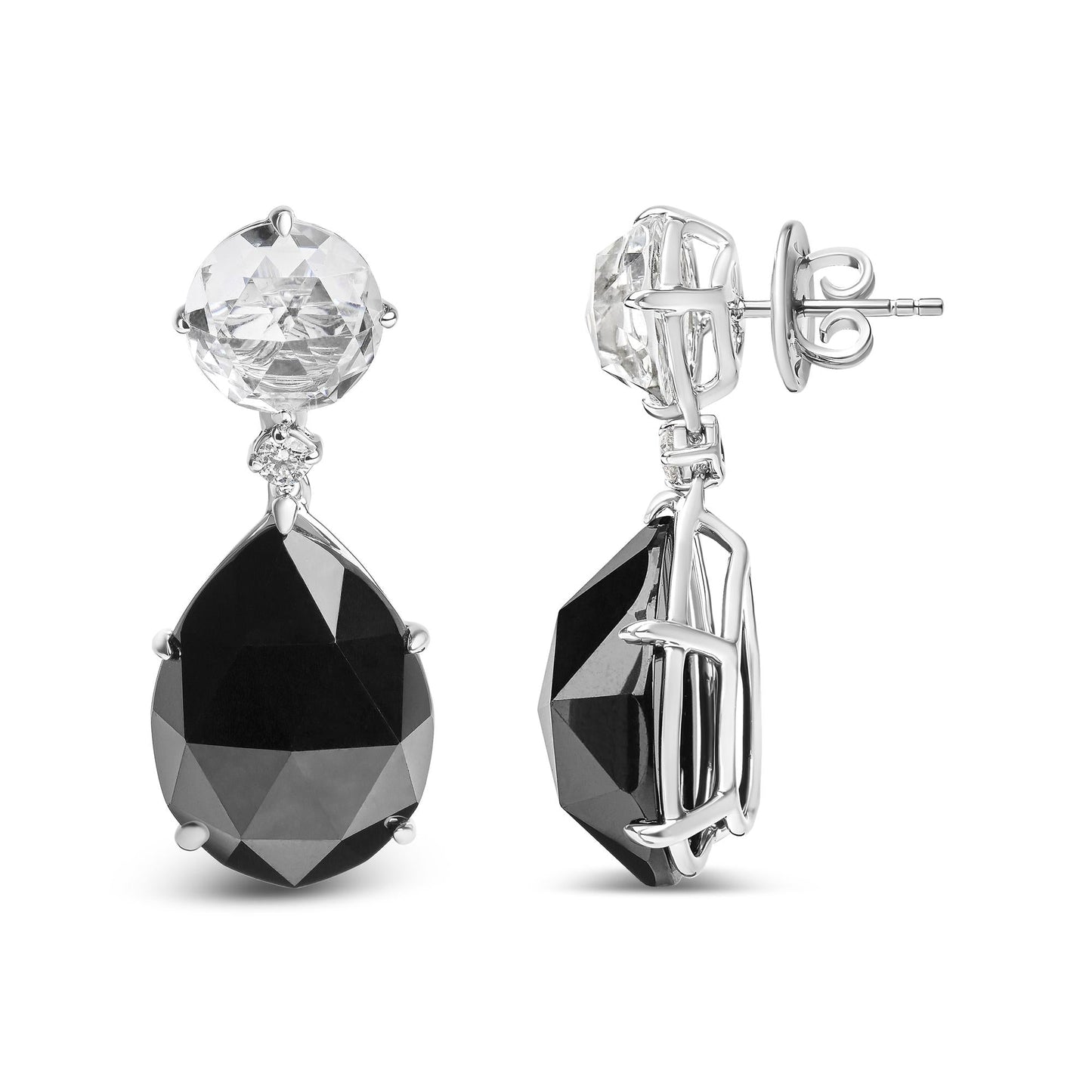 18K White Gold Diamond, White Topaz & Pear Black Onyx Dangle Earrings (G-H)