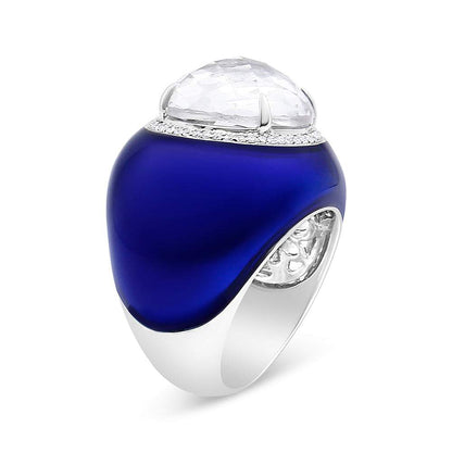 18K gold ring with white quartz centerpiece, diamond halo, and blue enamel dome design