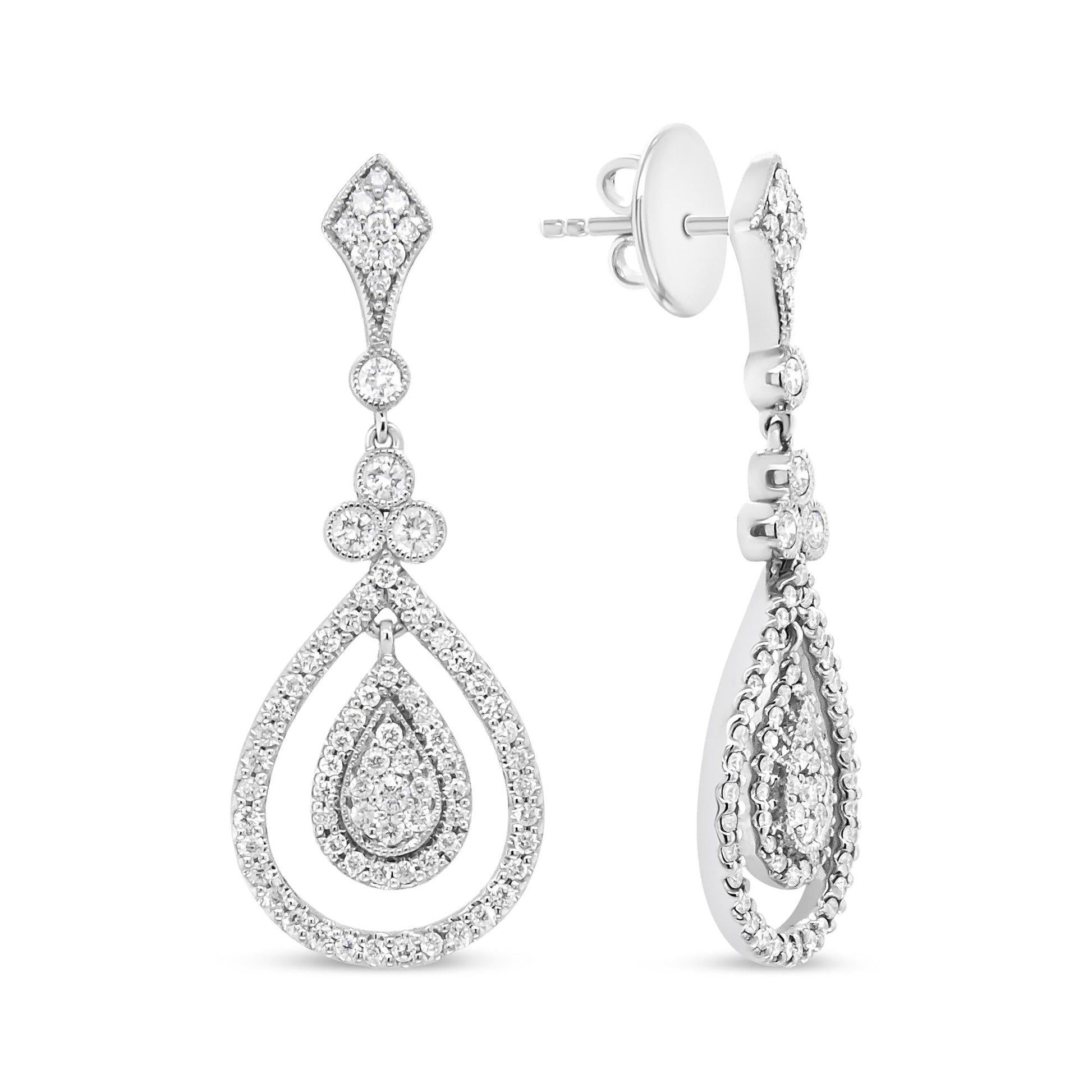 18K White Gold 1 1/4 Cttw Round Diamond Openwork Teardrop-Shaped Dangl - The Sparkling Squirrels & Co. 