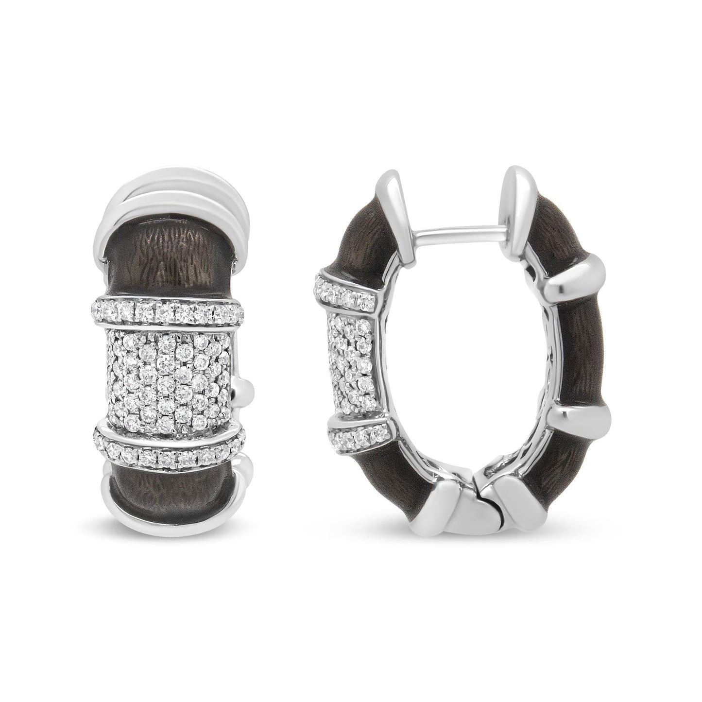 Clear Graphite Grey Enamel 5/8 Cttw Round Diamonds Huggie Hoop Earrings