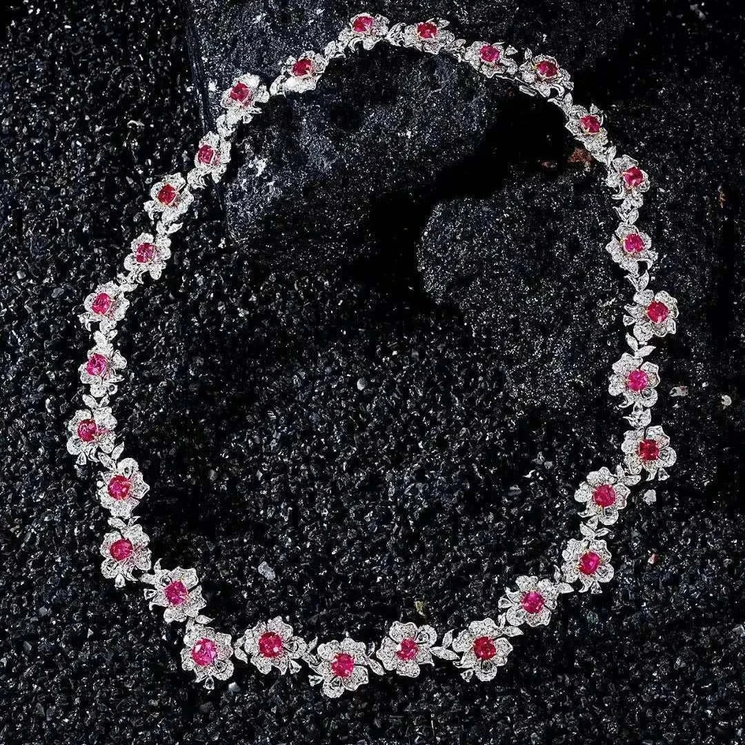 Fine jewelry necklace with solid 18K white gold, natural spinel gemstones, and diamonds totaling 14.55ct