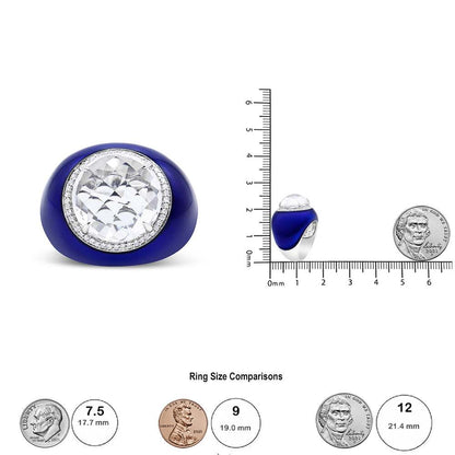 White quartz and diamond halo dome ring in 18K gold with blue enamel band and 14mm centerpiece.