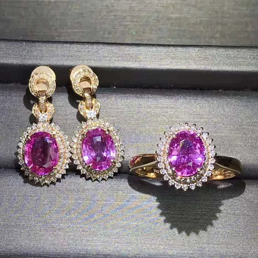 18K Gold Diamond & Natural Pink Sapphire Statement Jewelry Set