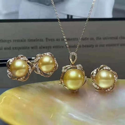 Ear Stud Philippine Natural Gold Pearl 10-11mm Ring Diamond Set - The Sparkling Squirrels & Co. 