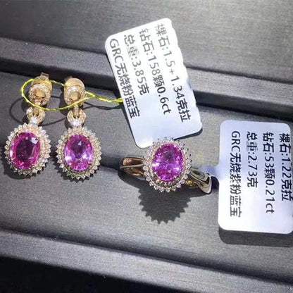 18K gold earrings and ring set with oval pink sapphires surrounded by small diamonds