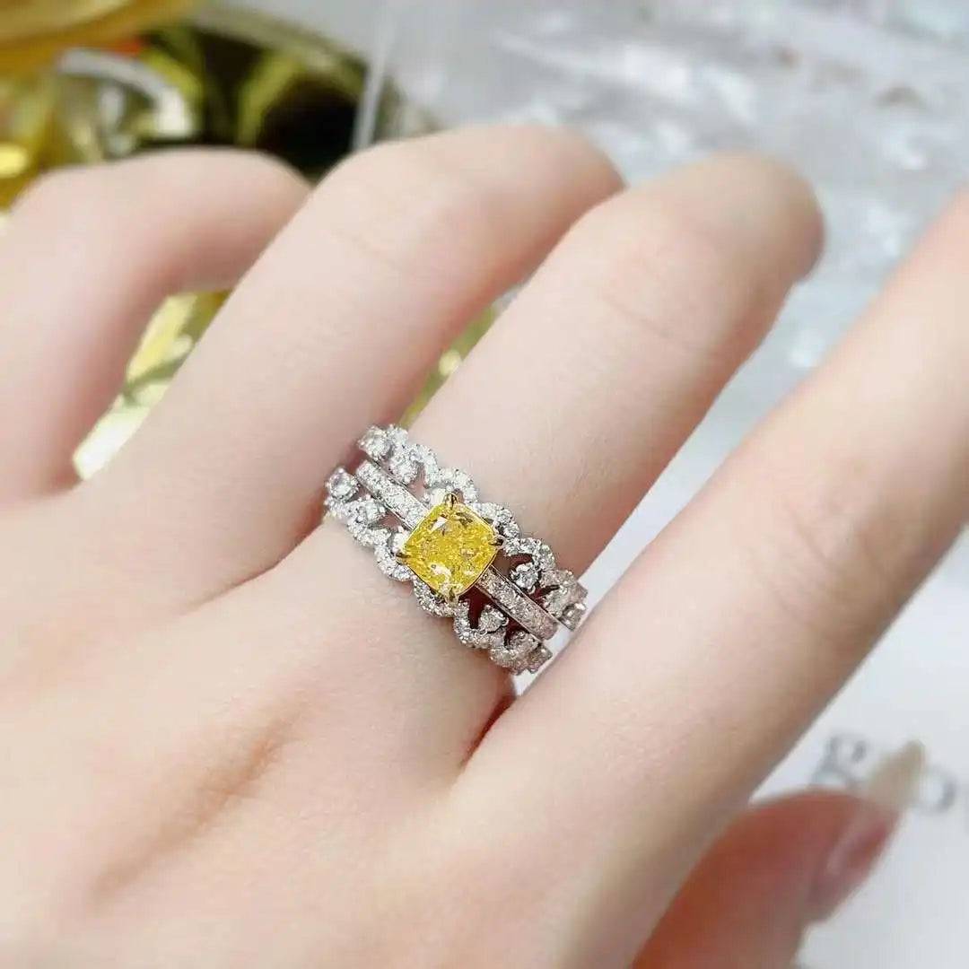 SGARIT Fine Jewelry 18k  Yellow Gold 1.005CT Fancy Yellow Natural Diamond  Ring Cushion Cut   Diamond for Women Wedding Ring
