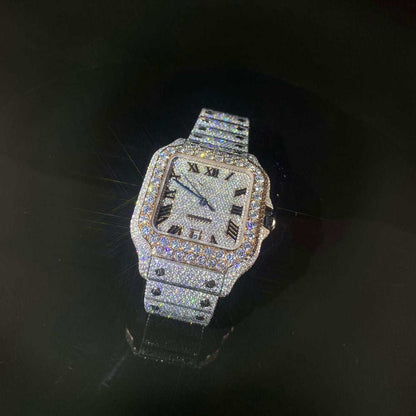 Fully iced out hand-set VVS moissanite diamond luxury watch with Roman numeral dial and metallic band