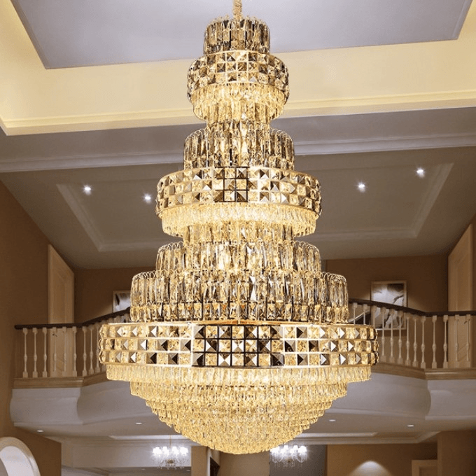 Grand multi-tiered luxury chandelier with cascading crystals and golden accents, inspired by mythic legends and celestial light.