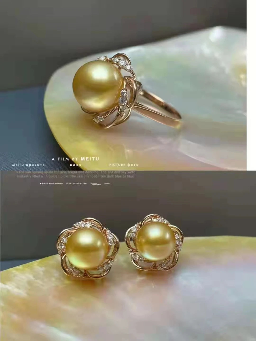 Ear Stud  Philippine Natural Gold Pearl 10-11mm Ring Diamond Set