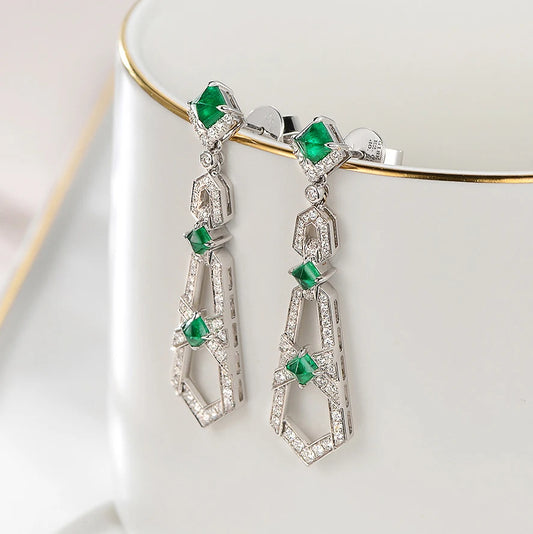 Natural Emerald Gemstone Real 18k Gold White Diamond Luxury Drop Earring for Women