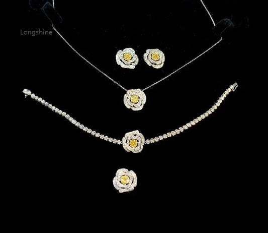 Valentine Love Serial Rose Jewelry Set Natural Diamond Luxury for Bride 18K Gold Wedding Ring Earring and Necklace Set