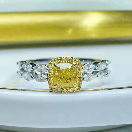 SGRIT Fine Jewelry 18k White Gold 1.008CT Natural Yellow Diamond Ring Cushion Cut Diamond Wedding Ring