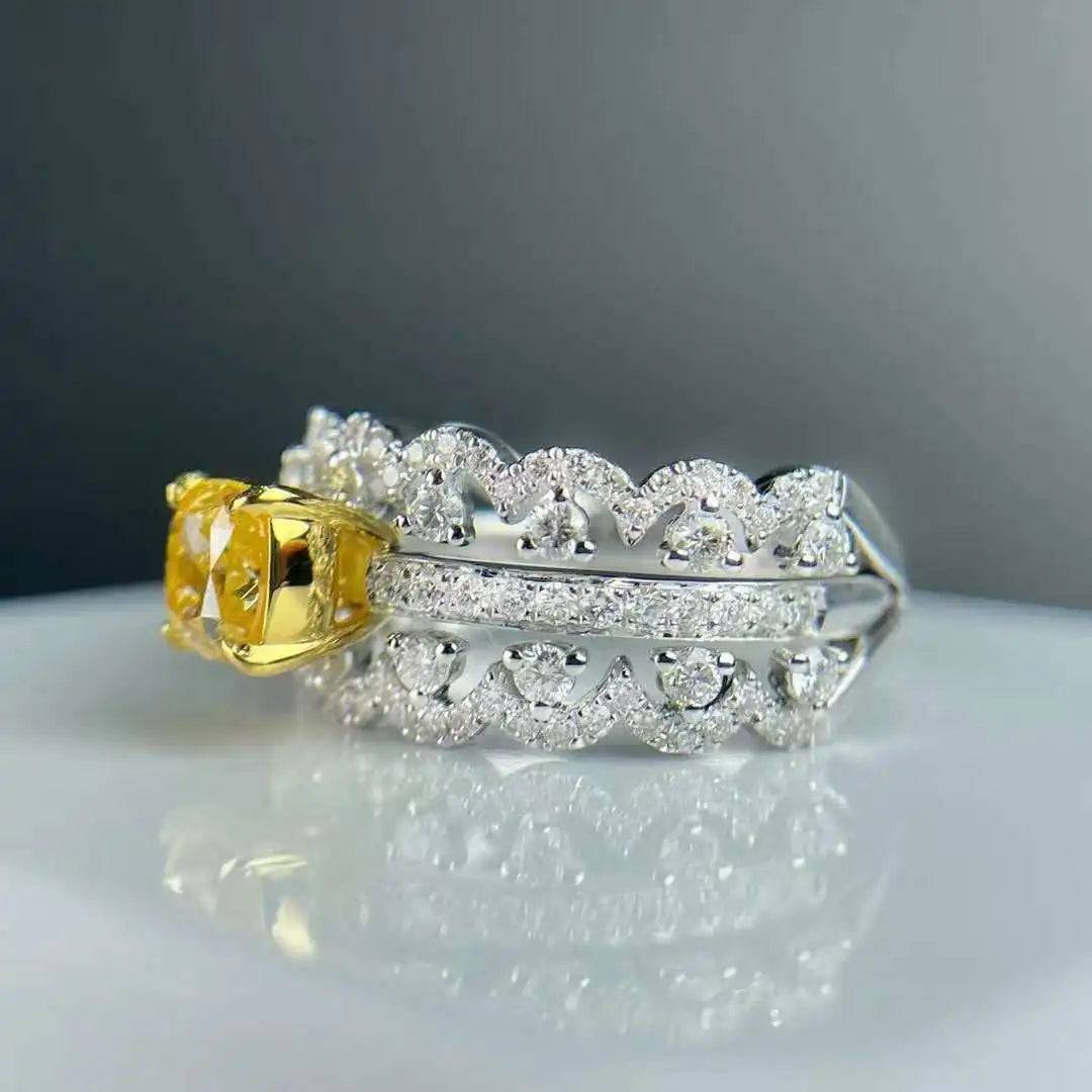 SGARIT Fine Jewelry 18k  Yellow Gold 1.005CT Fancy Yellow Natural Diamond  Ring Cushion Cut   Diamond for Women Wedding Ring
