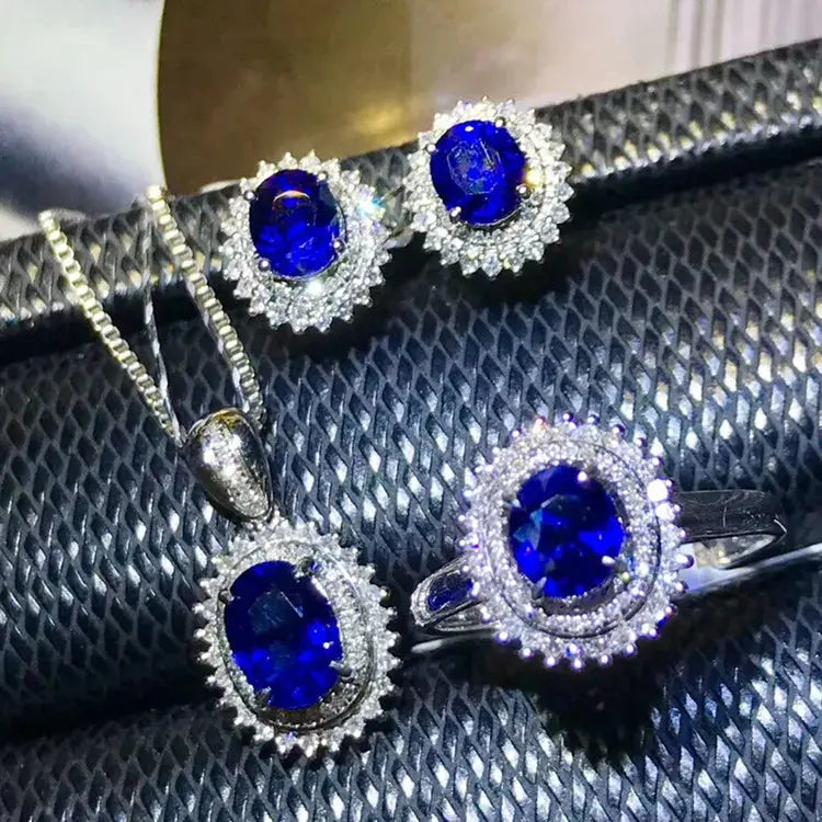 SGARIT Precious Luxury Jewelry Set Natural Gemstone Blue Sapphire Ring Earring Pendant Necklace 18k Gold Jewelry Set The Sparkling Squirrels
