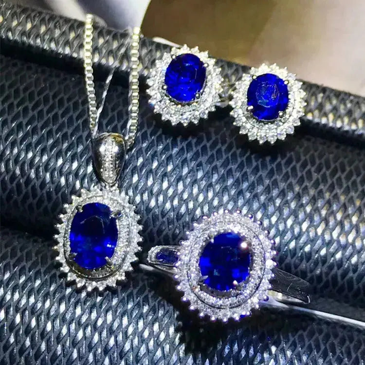 SGARIT Precious Luxury Jewelry Set Natural Gemstone Blue Sapphire Ring Earring Pendant Necklace 18k Gold Jewelry Set The Sparkling Squirrels