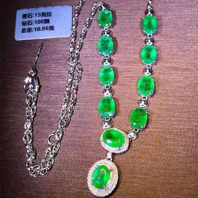 Saudi Arabia Luxury Jewelry 18k White Gold South Africa Real Diamond 15ct Natural Green Emerald Big Gemstone Pendant Necklace - The Sparkling Squirrels & Co. 