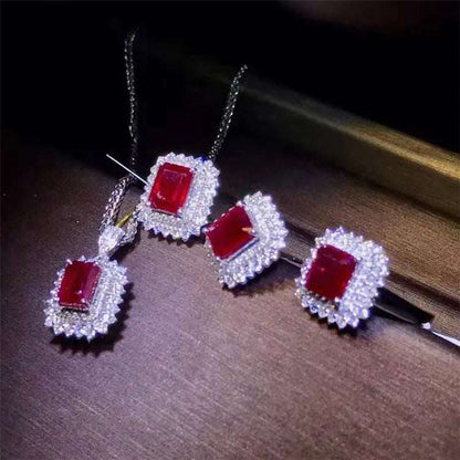 18k Gold Pigeon Blood Ruby Bridal Set, Crimson Legacy of Elysia, earrings, necklace, ring.