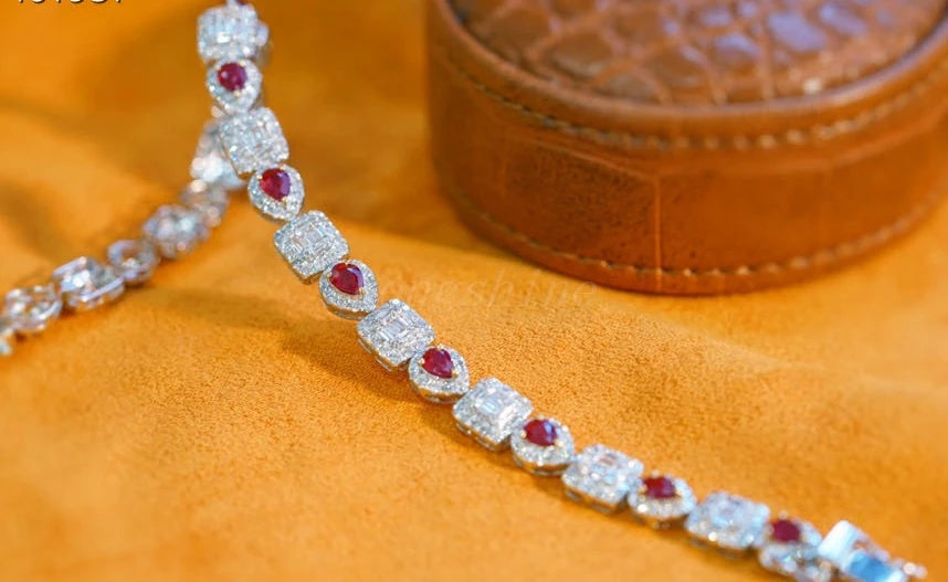 Pear Shape Ruby Combine Baguette Diamonds Square Bracelet