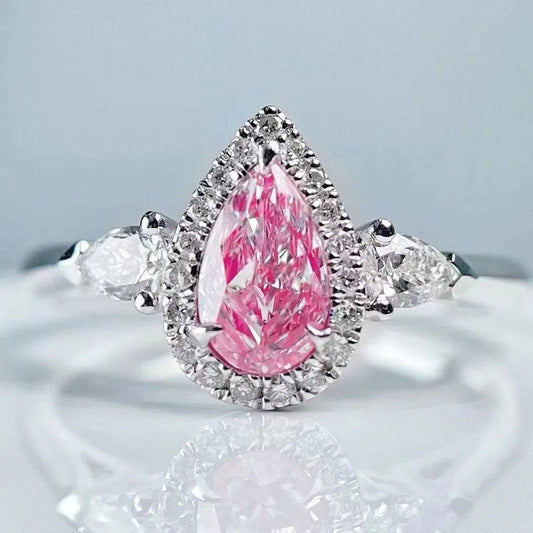 SGARIT Trendy Jewelry Halo Diamond Ring VS Fancy Pink 0.55CT Pear 18K White Gold Three Stone Diamond Engagement Ring for Women