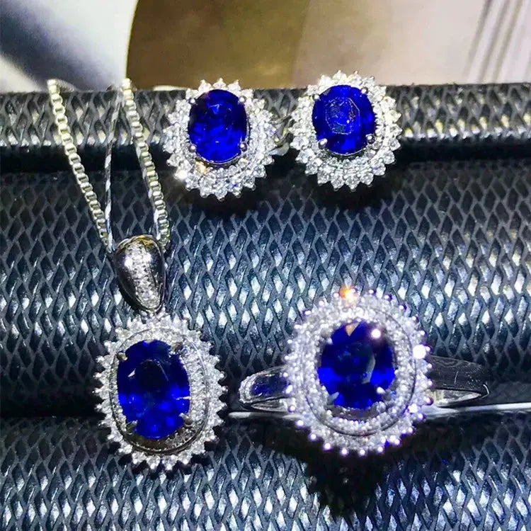 SGARIT Precious Luxury Jewelry Set Natural Gemstone Blue Sapphire Ring Earring Pendant Necklace 18k Gold Jewelry Set The Sparkling Squirrels