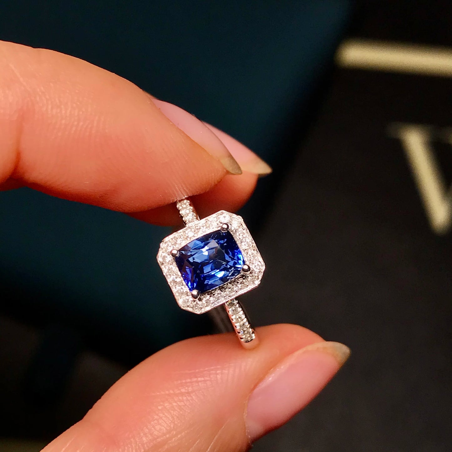 Naturlig blå safir diamant forlovelsesforslag 18 K gull diamantring