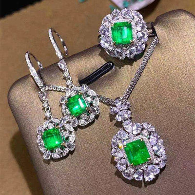 SGARIT Precious Luxury 18k Gold Real Diamond Vivid Green Natural Gemstone Zambia Emerald Ring Pendant Earrings Jewelry Set - The Sparkling Squirrels & Co. 