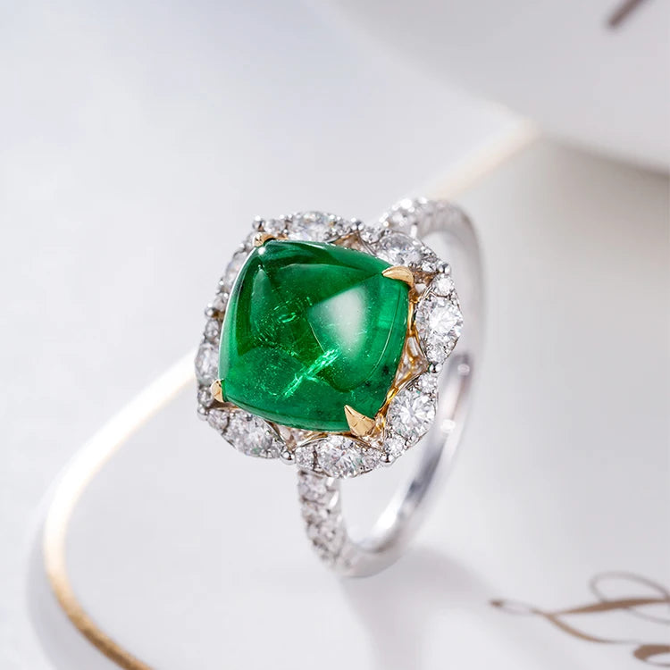 18k Gold Ring Classic Fashion Natural Emerald Diamond Gemstone Halo Wedding Engagement Ring for Women Fine Jewelry
