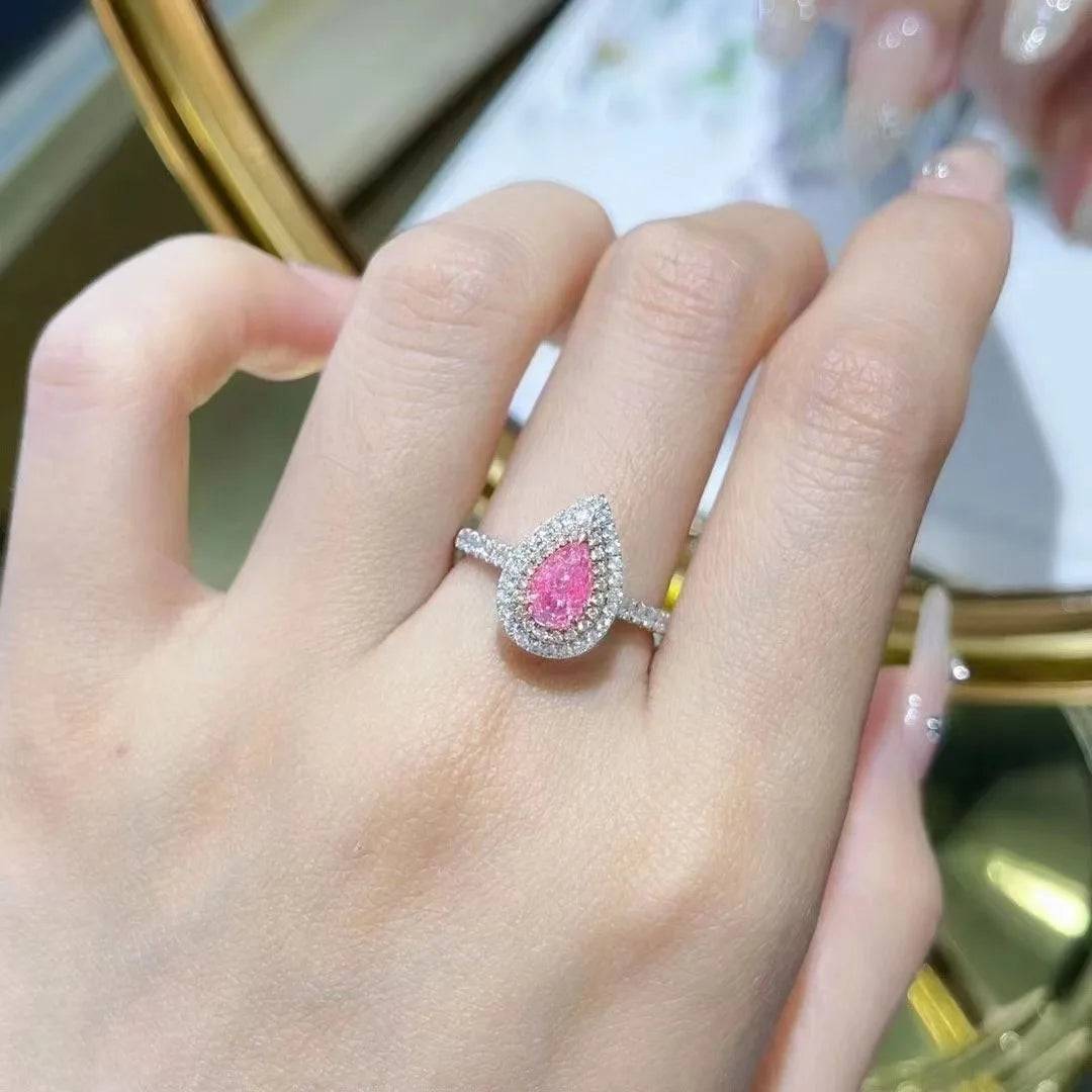 SGARIT Trendy Jewelry Double Halo Real Diamond Ring Jewellery Manufacturer 18K White Gold Pear Cut Nautral Pink Diamond Ring