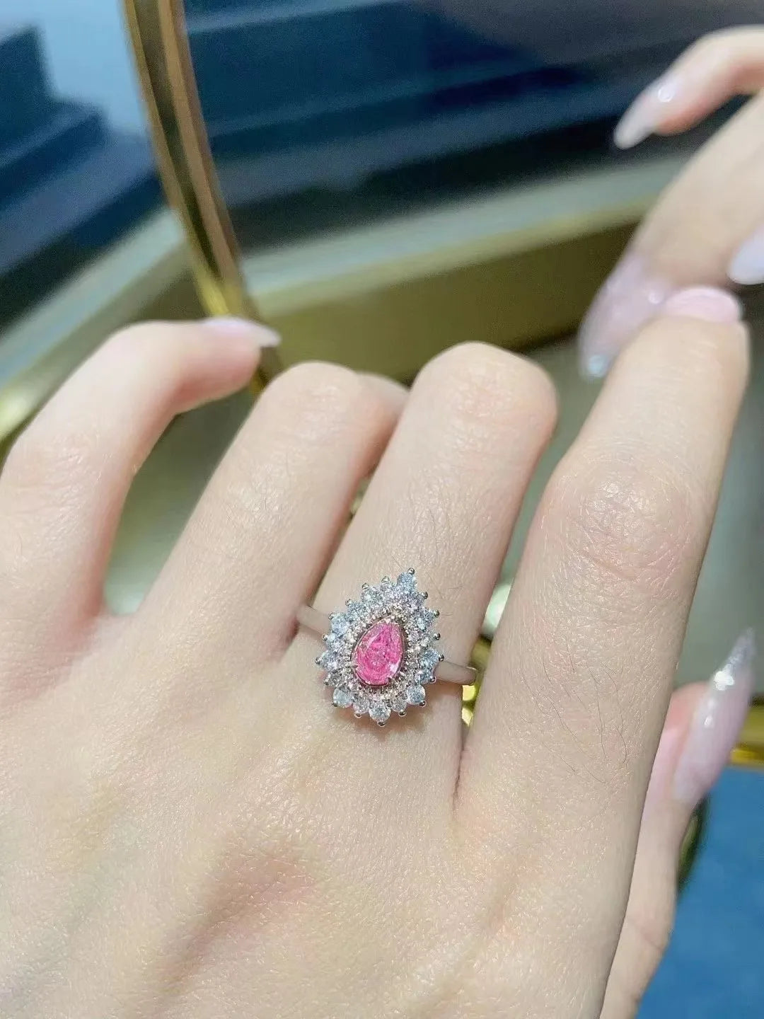 Fancy Pink Diamond Engagement Ring – 18K White Gold, Double Floral Halo (SGARIT)